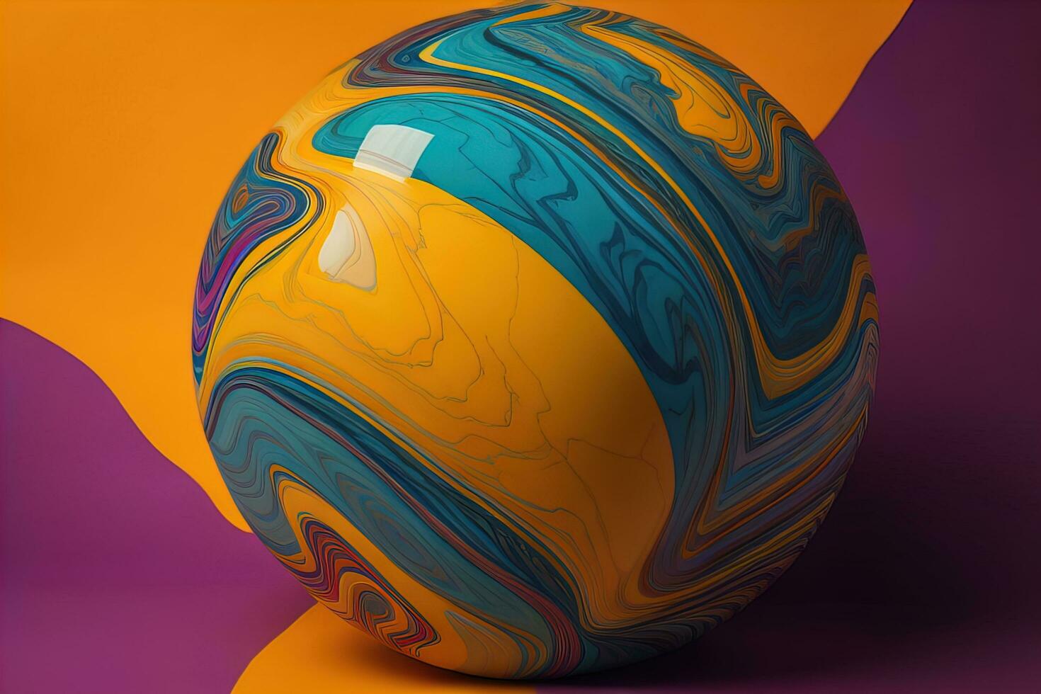 Colorful marble ball on a solid colour background. Close-up. ai generative photo