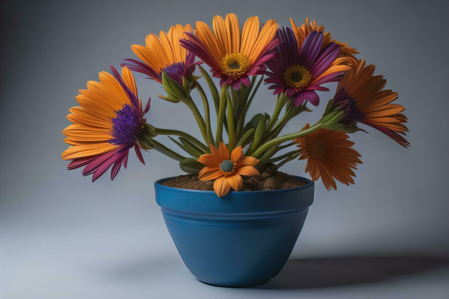 Flowers in a pot on a solid color background. ai generative photo