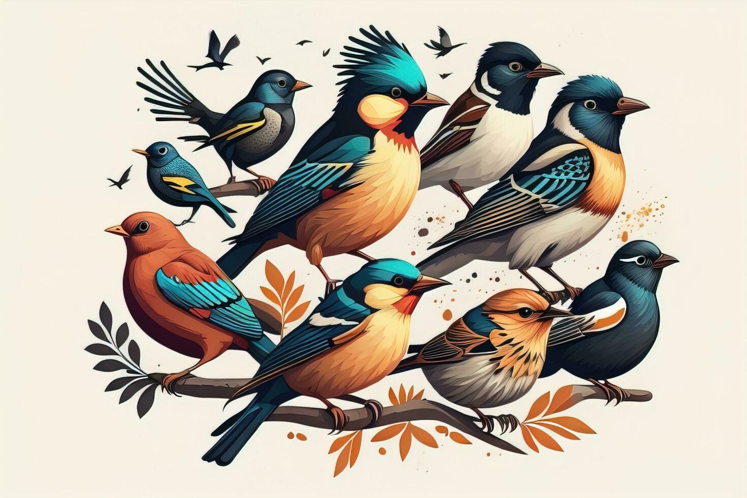 Vector illustration of a group of colorful birds sitting on a branch. ai generative photo