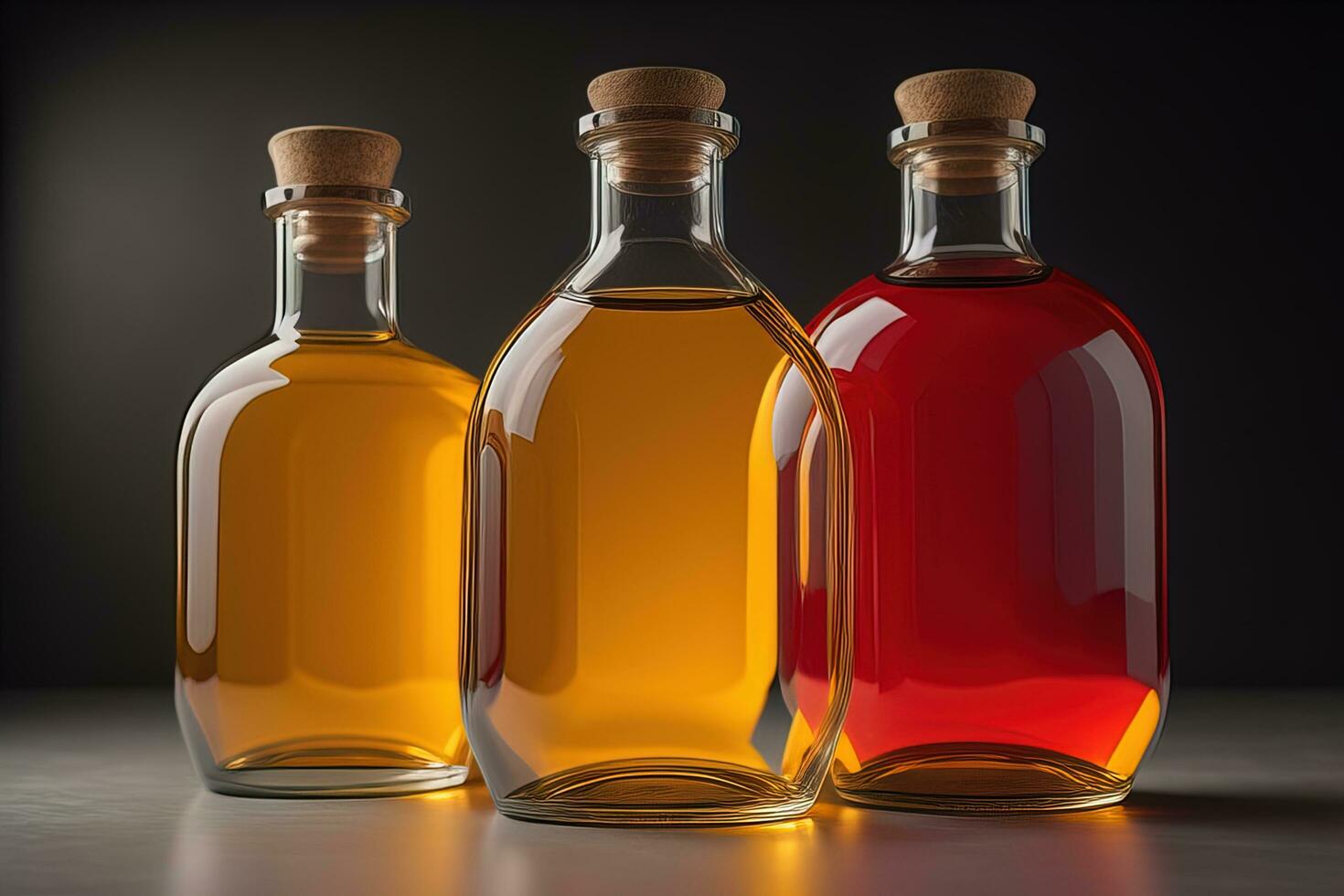 a row of glass bottles with colored liquid. ai generative photo