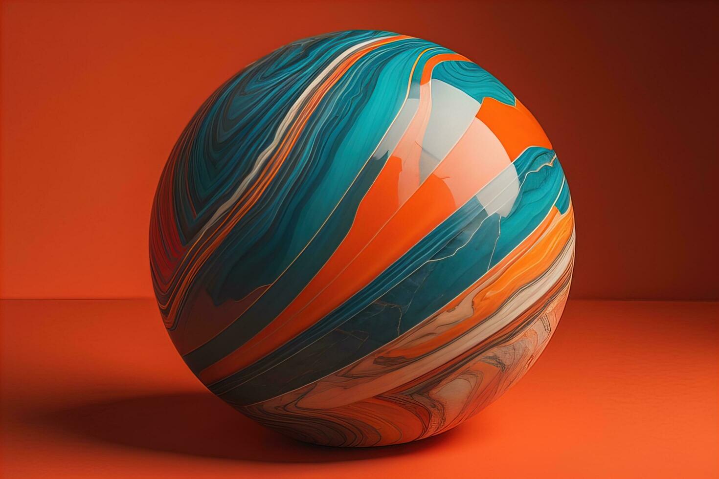 Colorful marble ball on a solid colour background. Close-up. ai generative photo