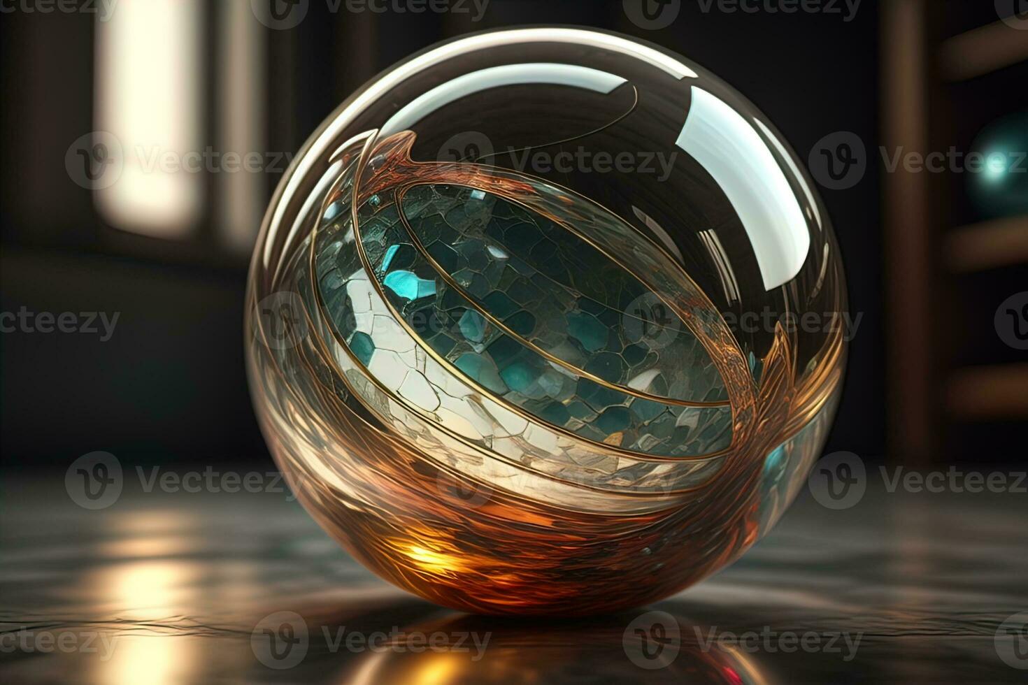 Transparent crystal ball on a wooden table. ai generative photo