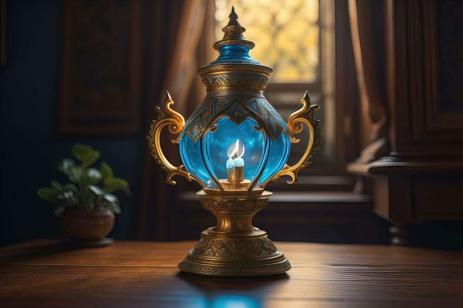 Lantern on a wooden table and a dark background. ai generative photo
