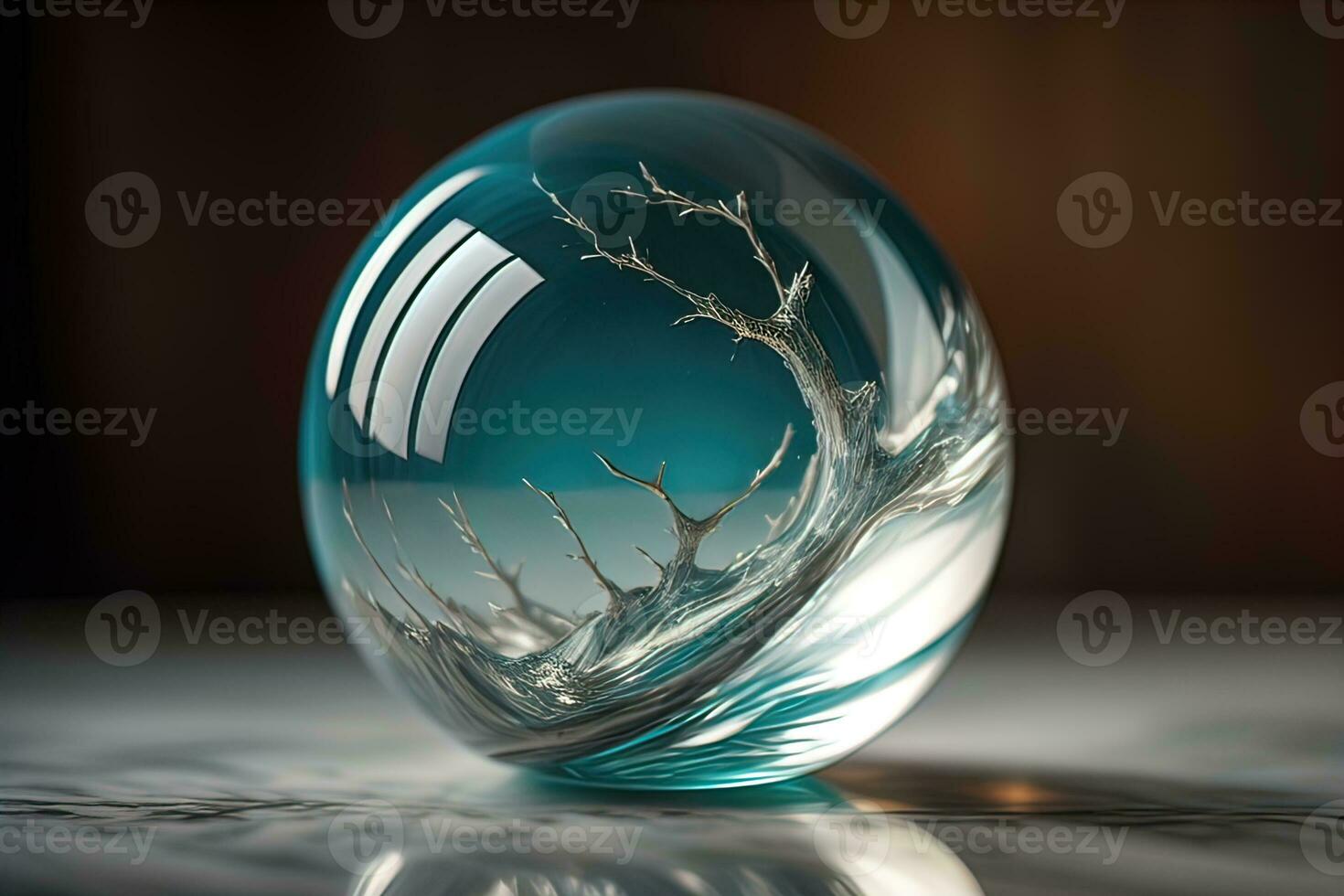 Transparent crystal ball on a wooden table. ai generative photo