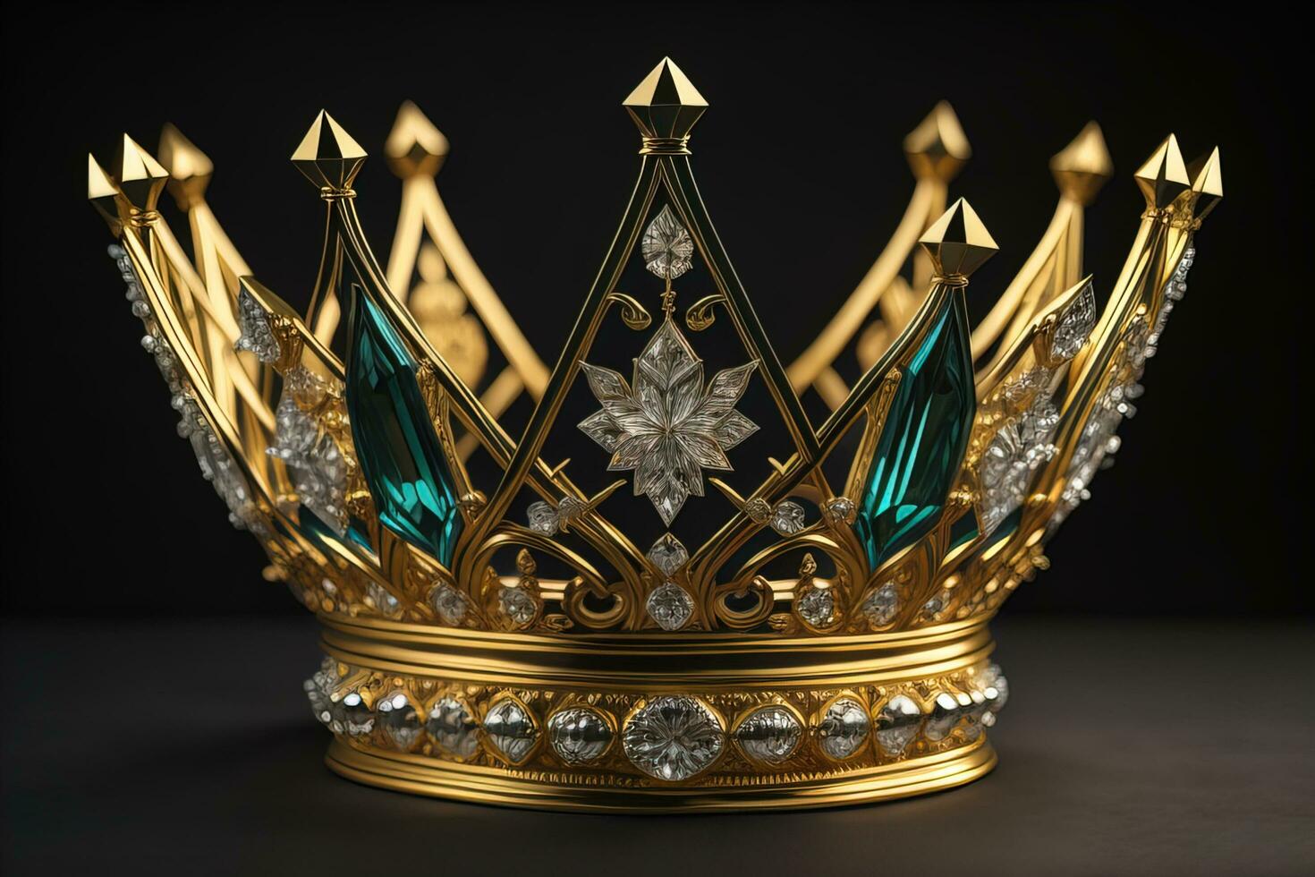 low key image of beautiful golden queen, king crown. ai generative photo