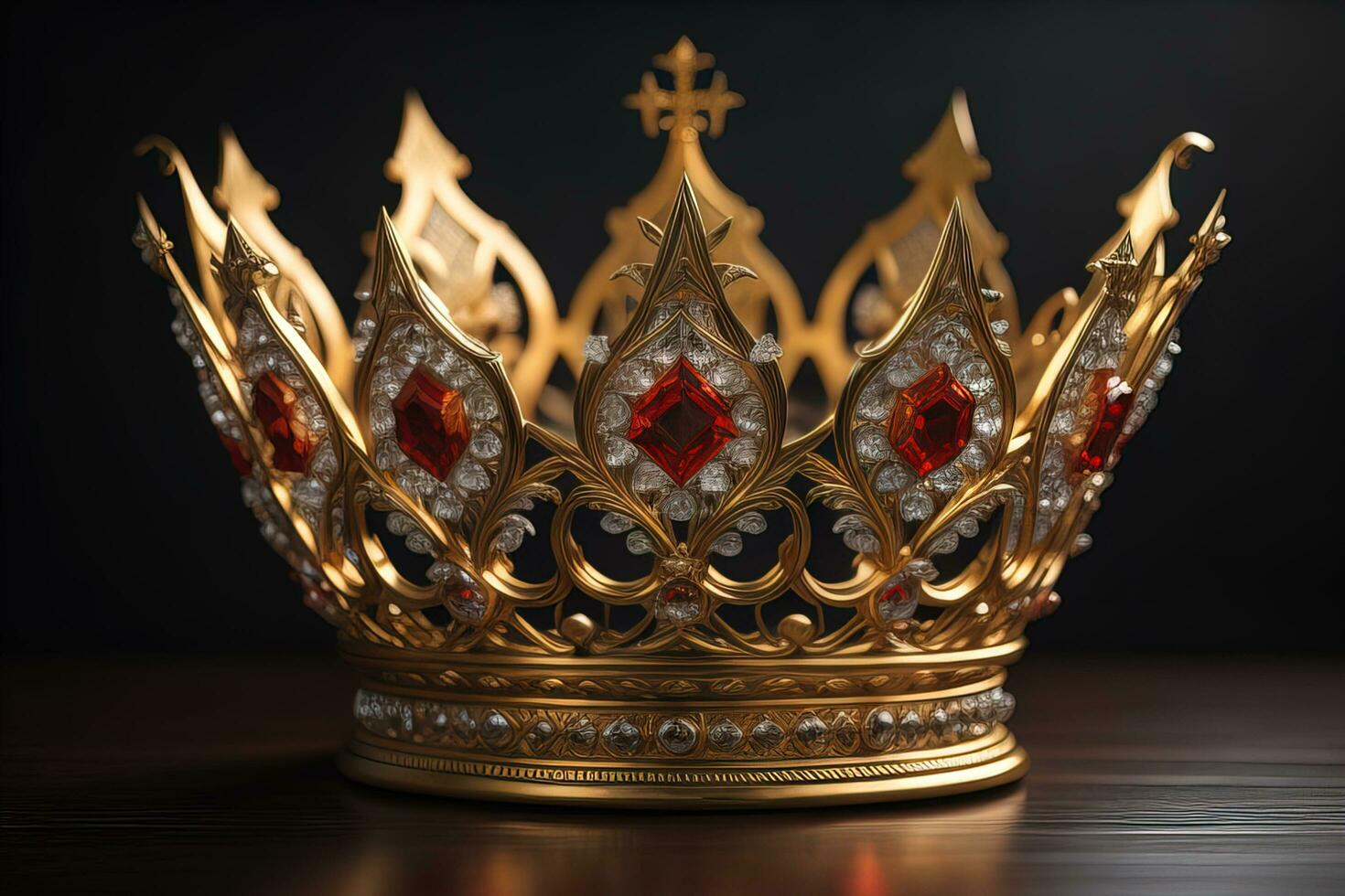 low key image of beautiful golden queen, king crown. ai generative photo