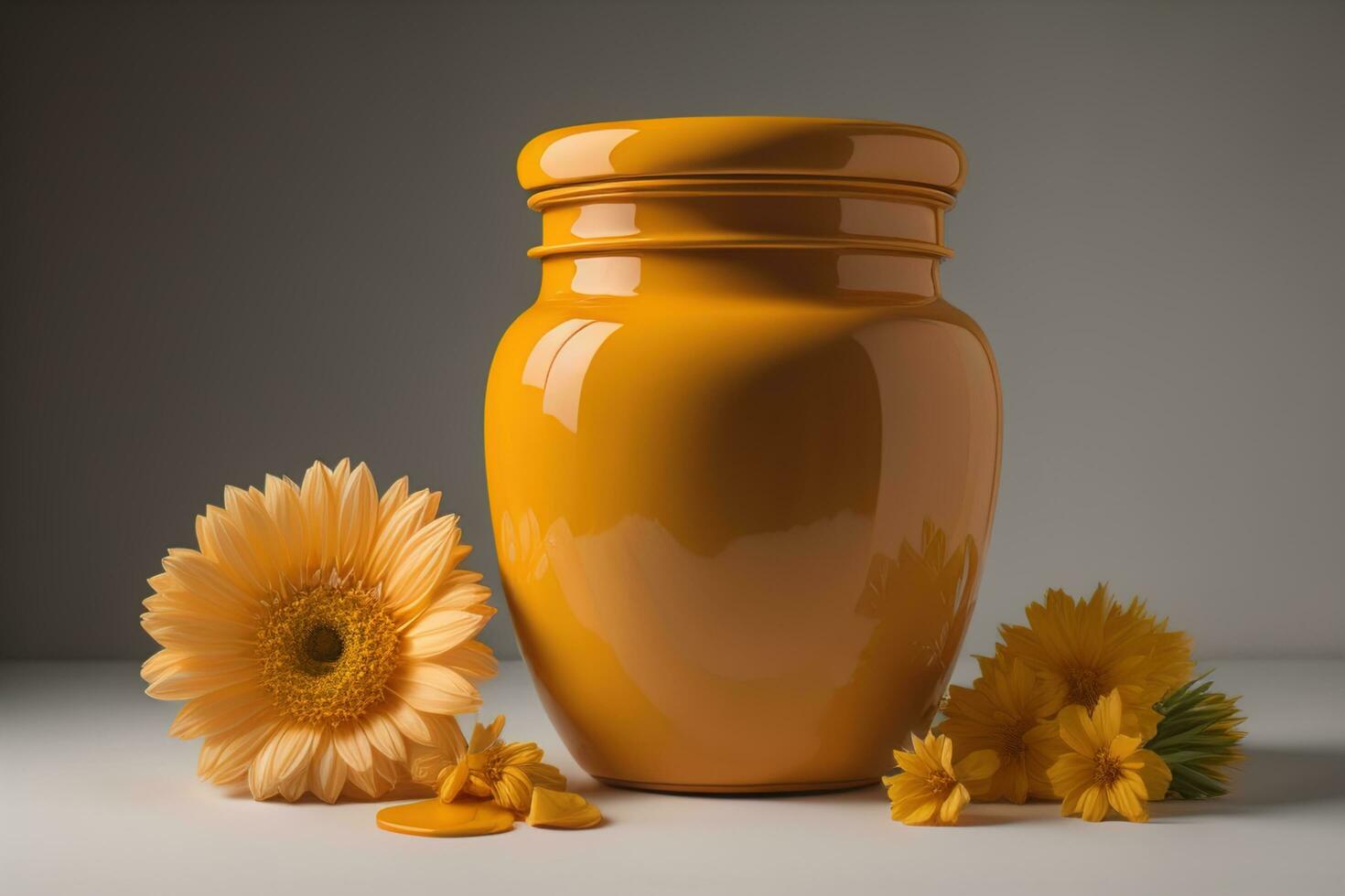 Jar of honey with solid colour background. ai generative photo