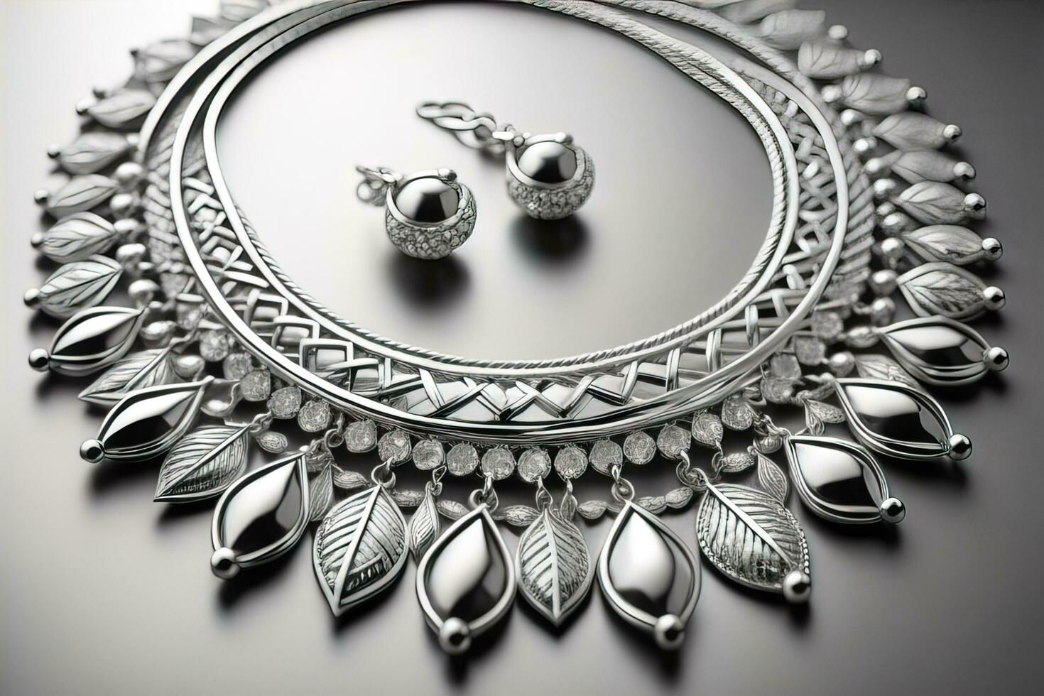 Silver necklace on a solid color background in close-up. ai generative photo