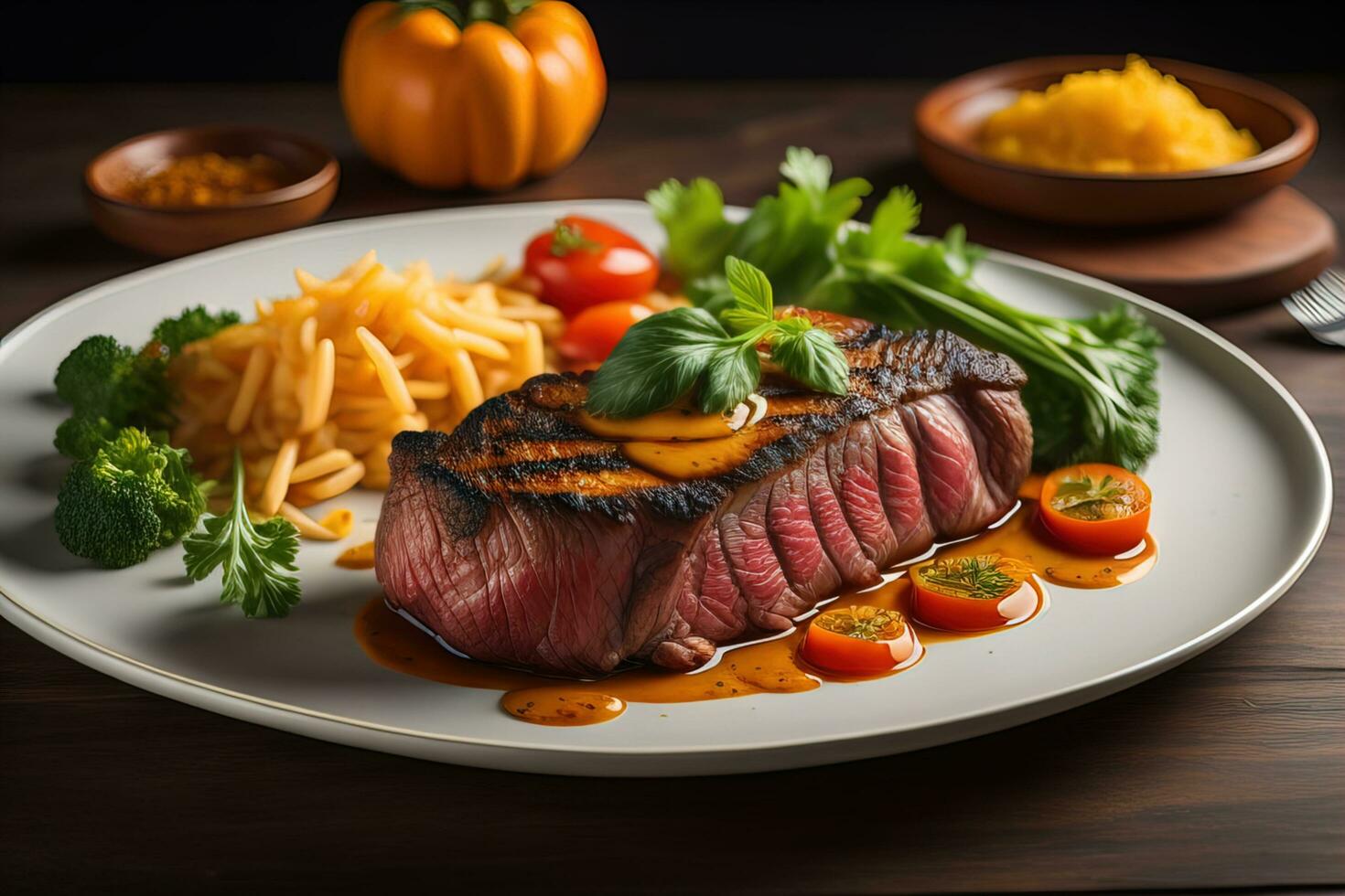 Sliced beef steak with parsley on a plate. ai generative photo