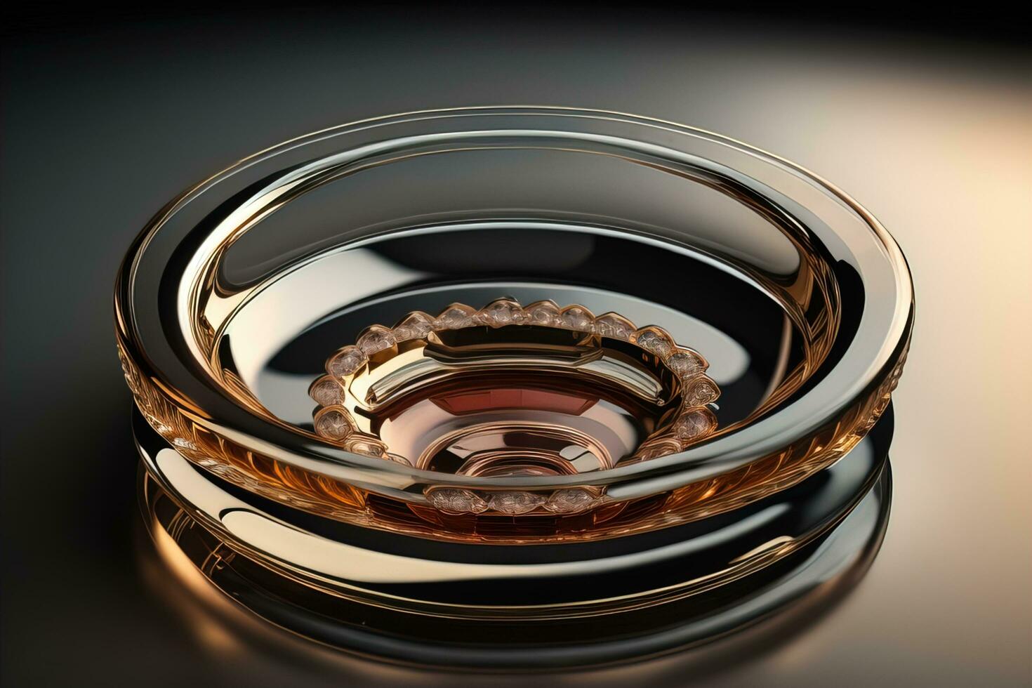 Empty glossy transparent ashtray on a dark background. ai generative photo