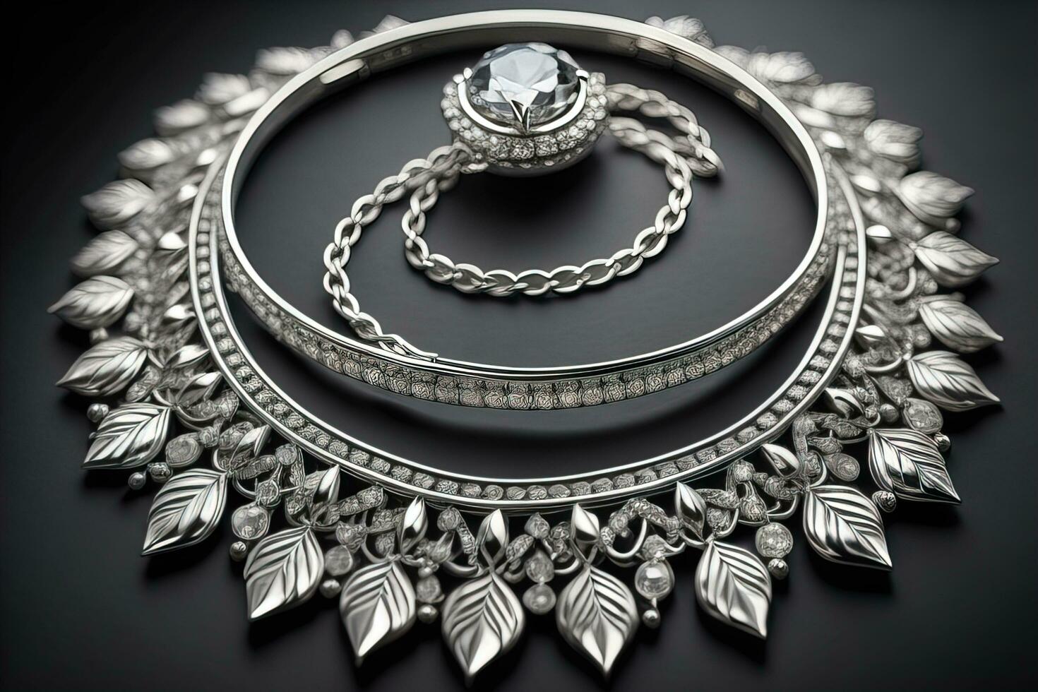 Silver necklace on a solid color background in close-up. ai generative photo