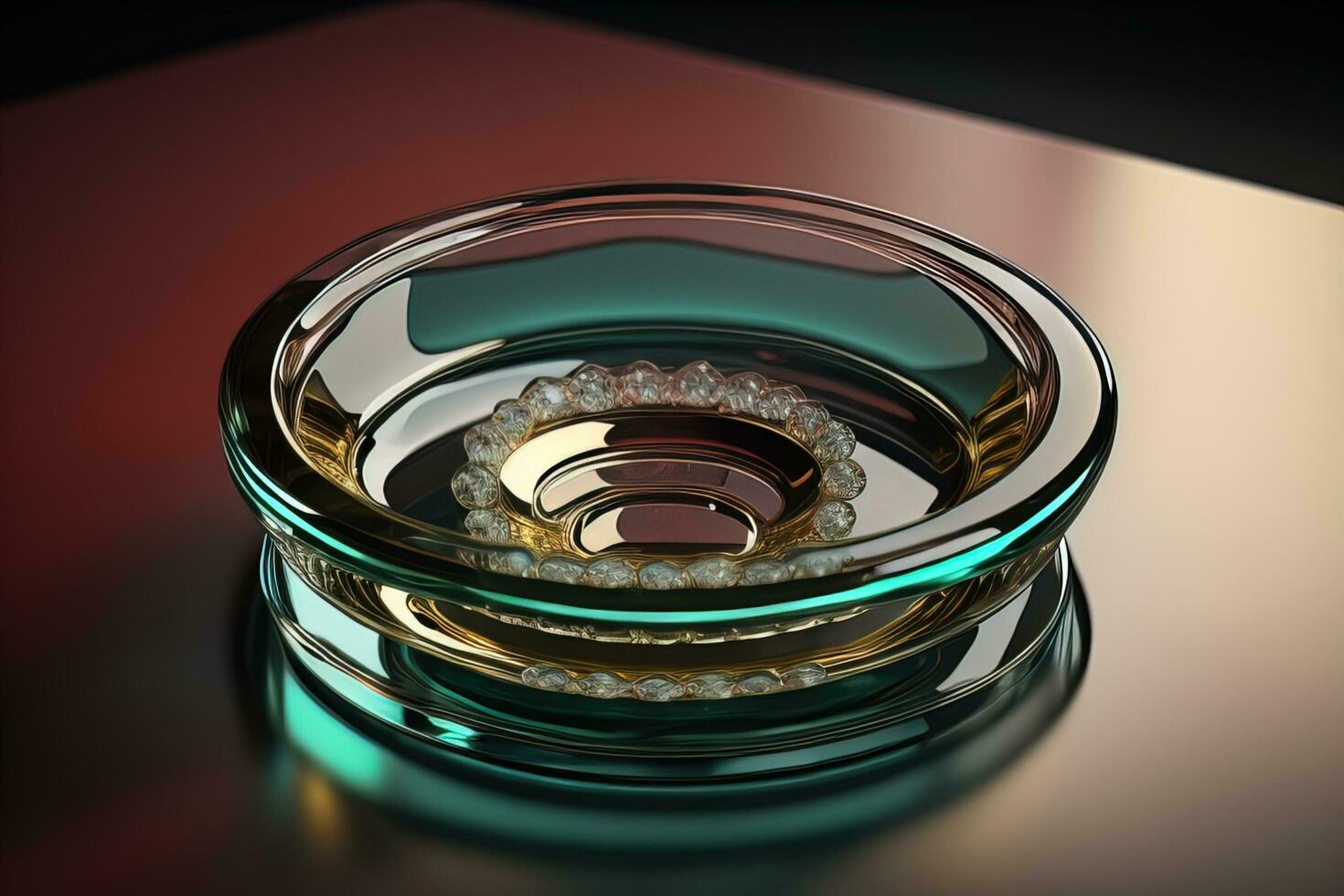 Empty glossy transparent ashtray on a dark background. ai generative photo