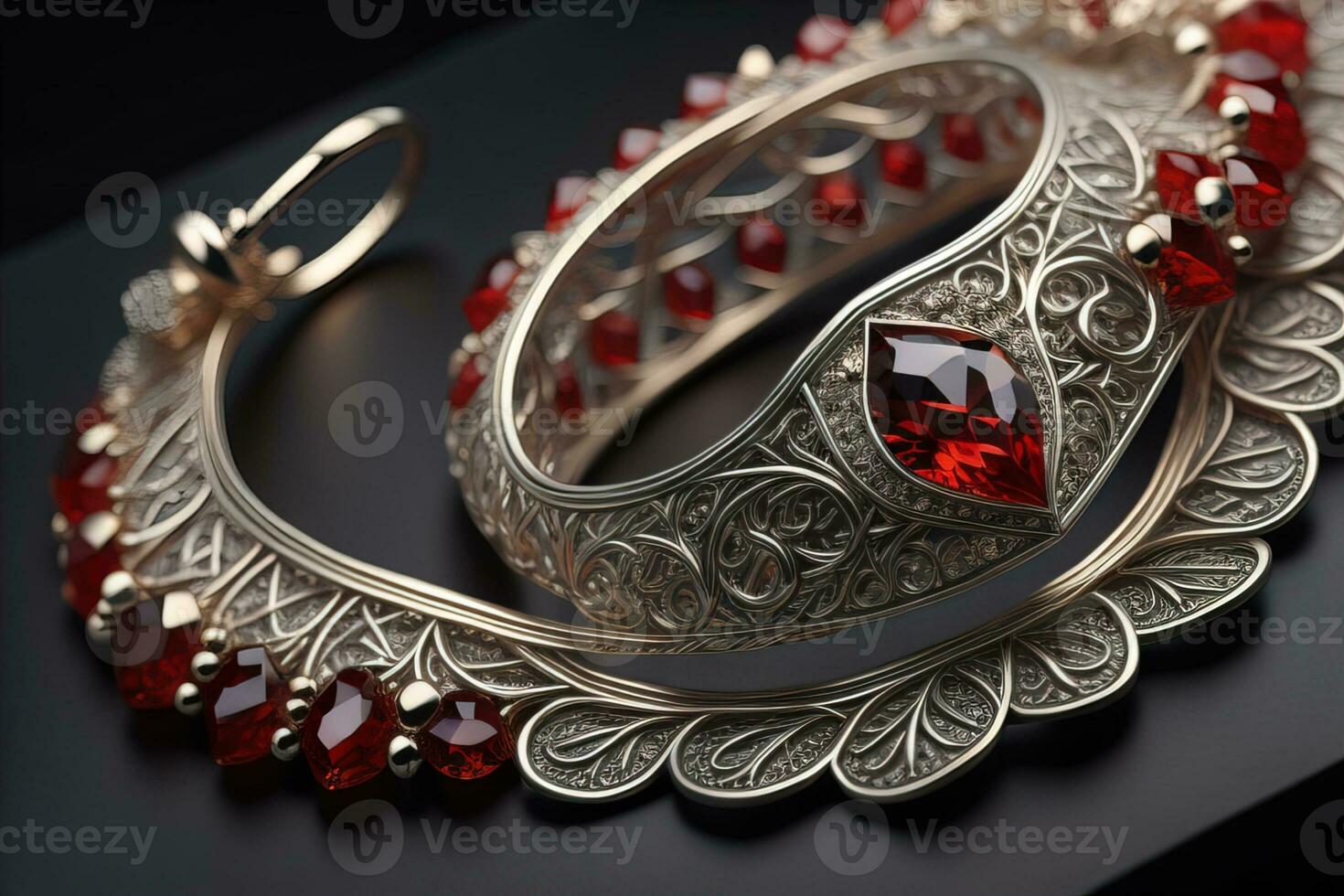 Silver necklace on a solid color background in close-up. ai generative photo