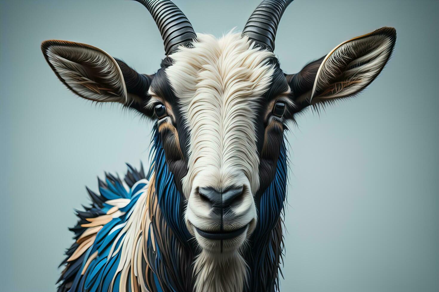 Head of a goat with big horns. ai generative photo