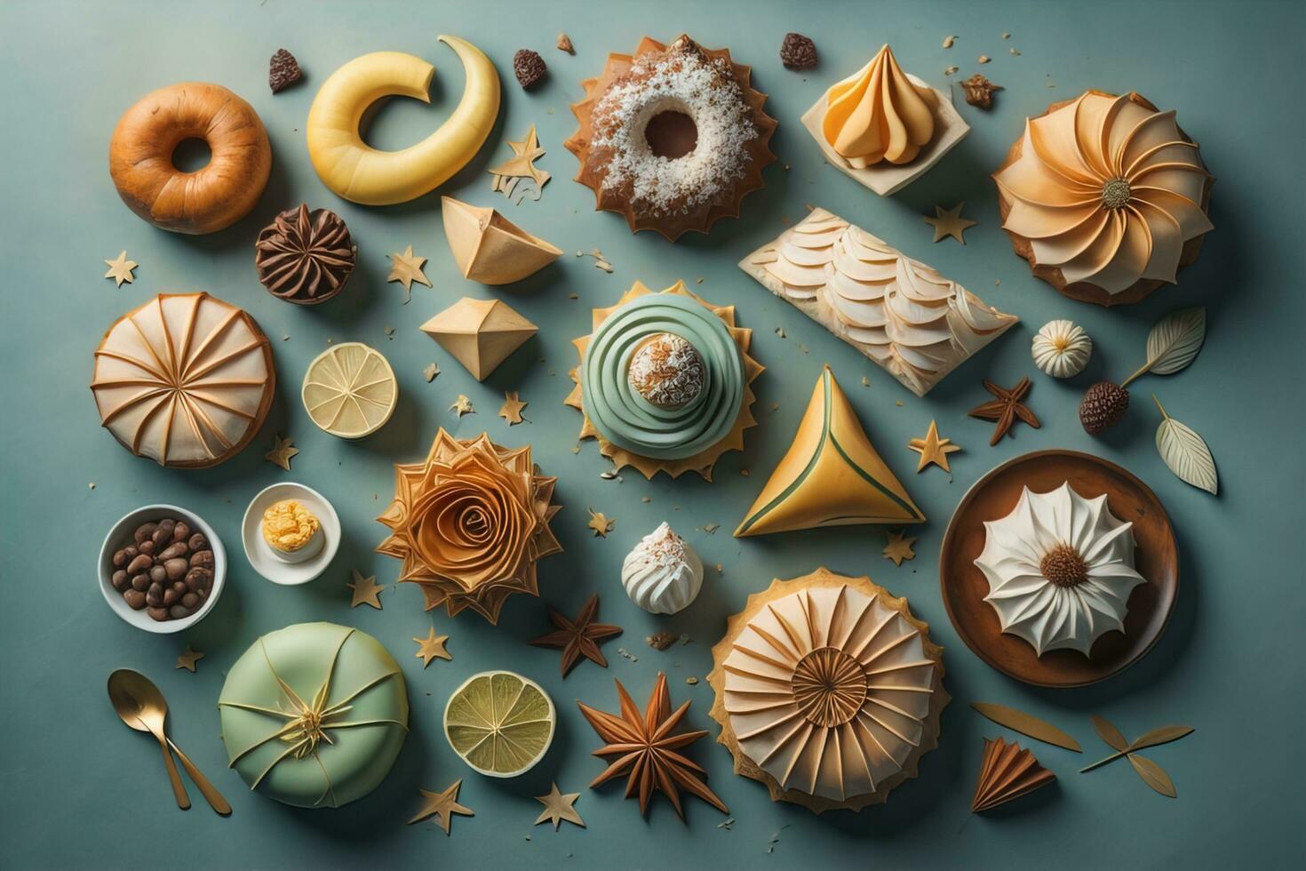 Homemade cakes on a solid colors background, top view. ai generative photo