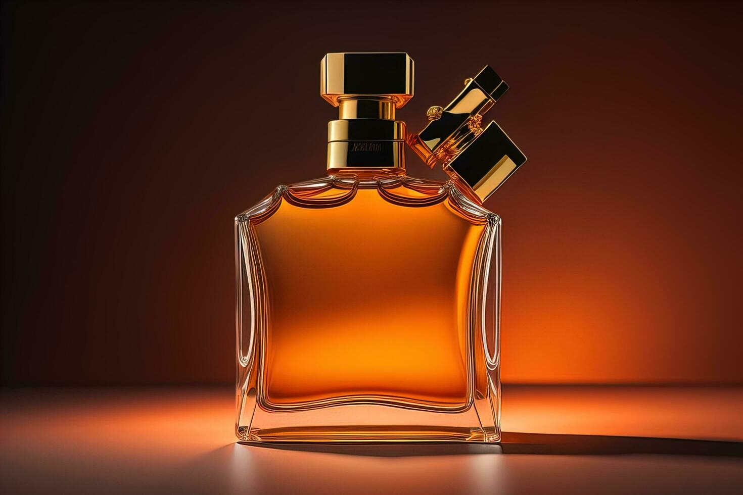 Creative and brandless Perfume bottle and flower on the wooden table, closeup. ai generative photo