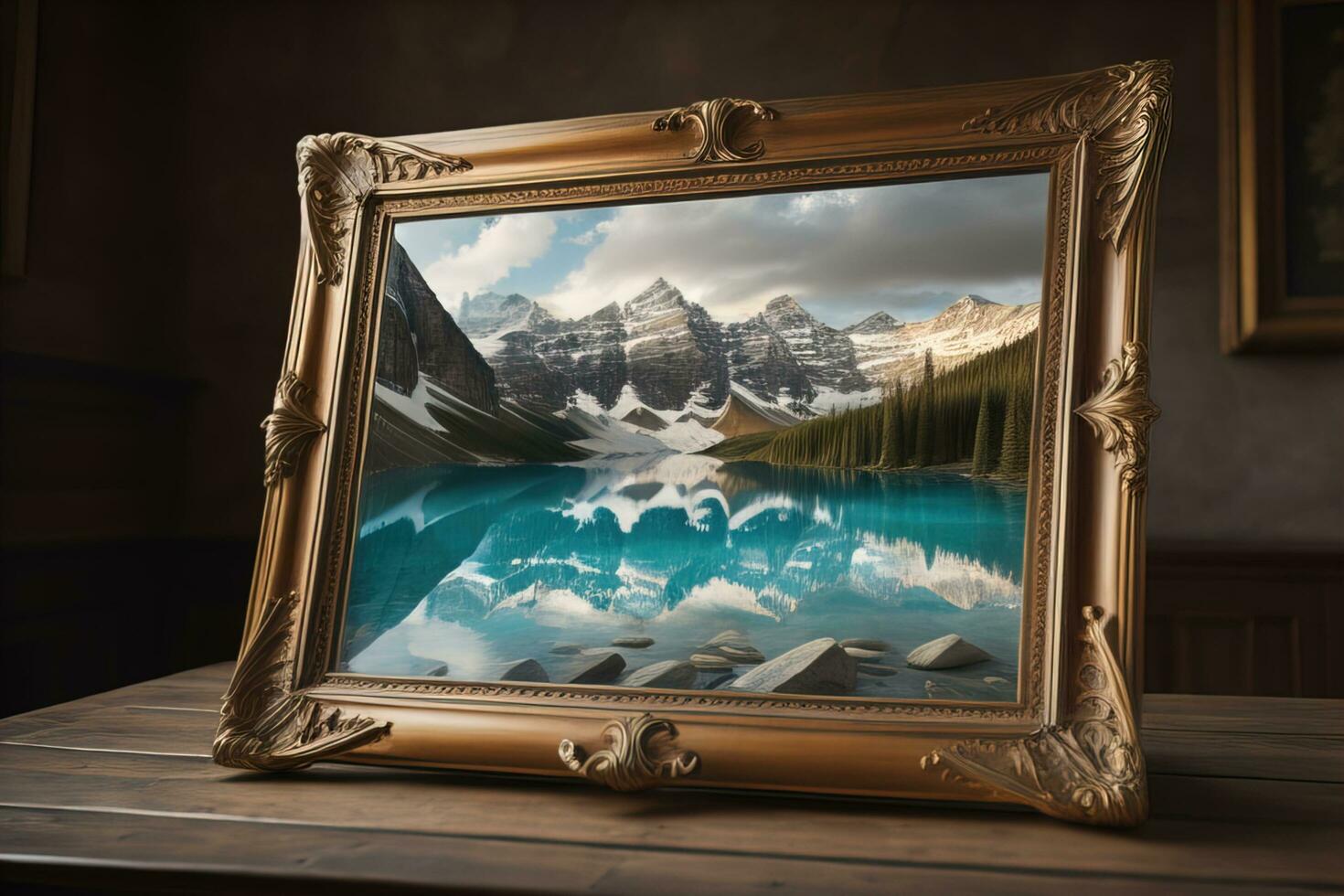 Glass picture frame on a solid color background. ai generative photo