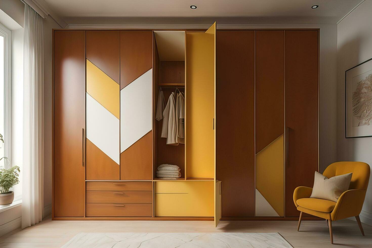 Wardrobe with clothes in the room. Toned image. ai generative photo