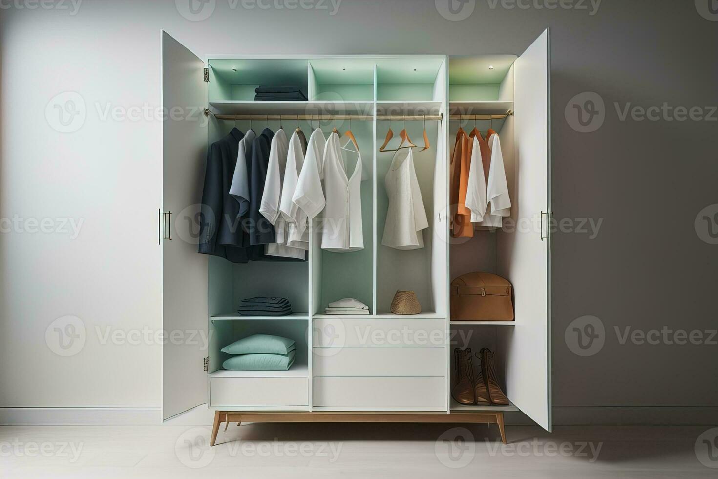 Wardrobe with clothes in the room. Toned image. ai generative photo