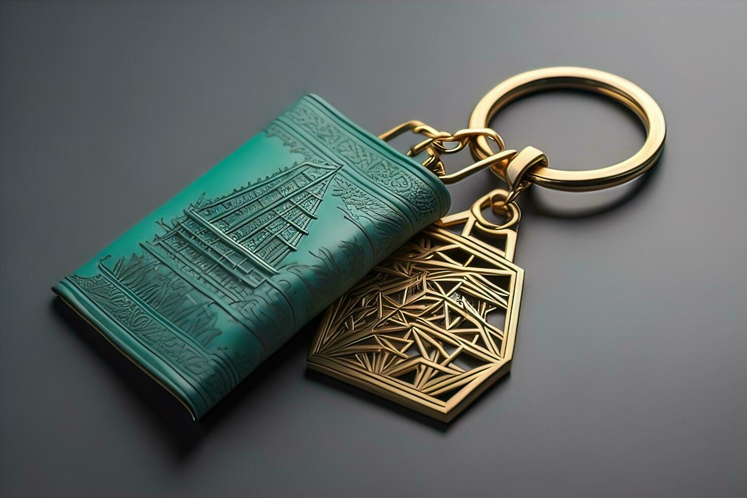 Creative Keychain on a wooden background, close-up. ai generative photo