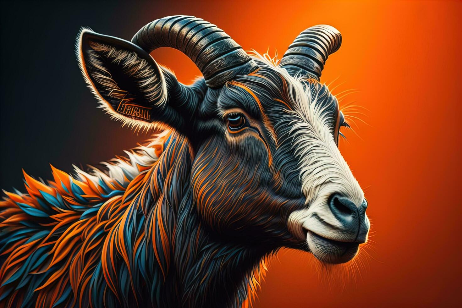 Head of a goat with big horns. ai generative photo