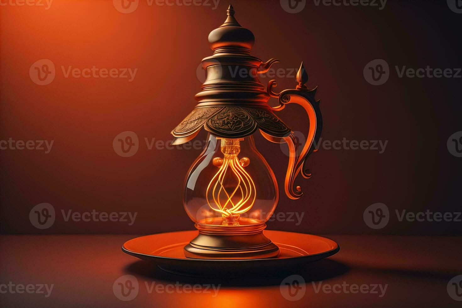 Lantern on a wooden table and a dark background. ai generative photo