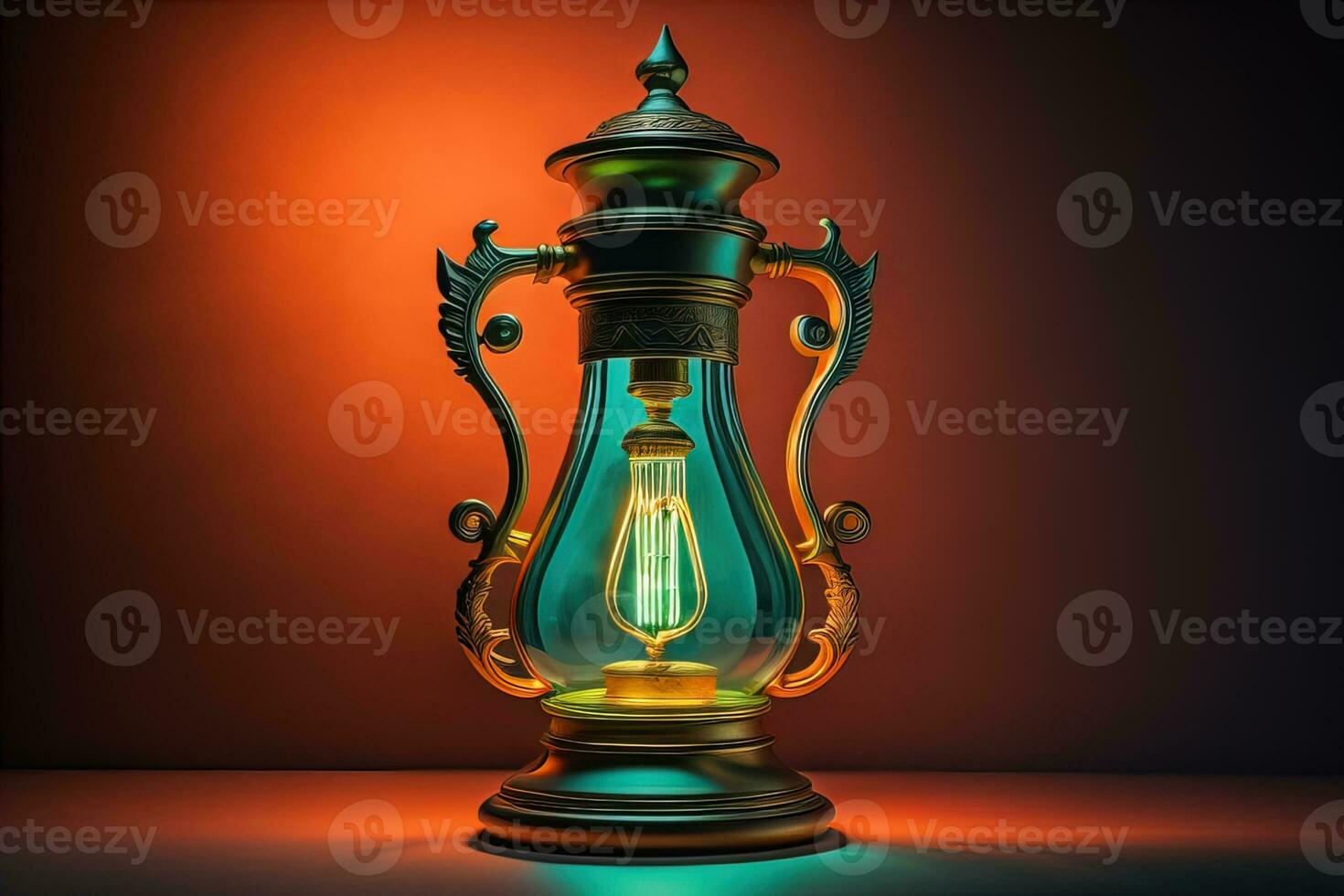 Lantern on a wooden table and a dark background. ai generative photo