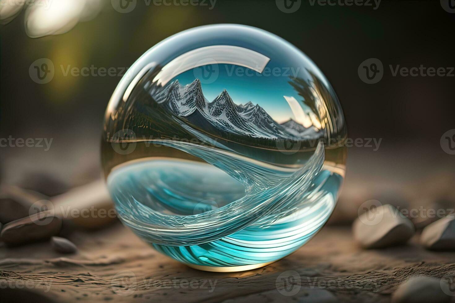 Transparent crystal ball on a wooden table. ai generative photo