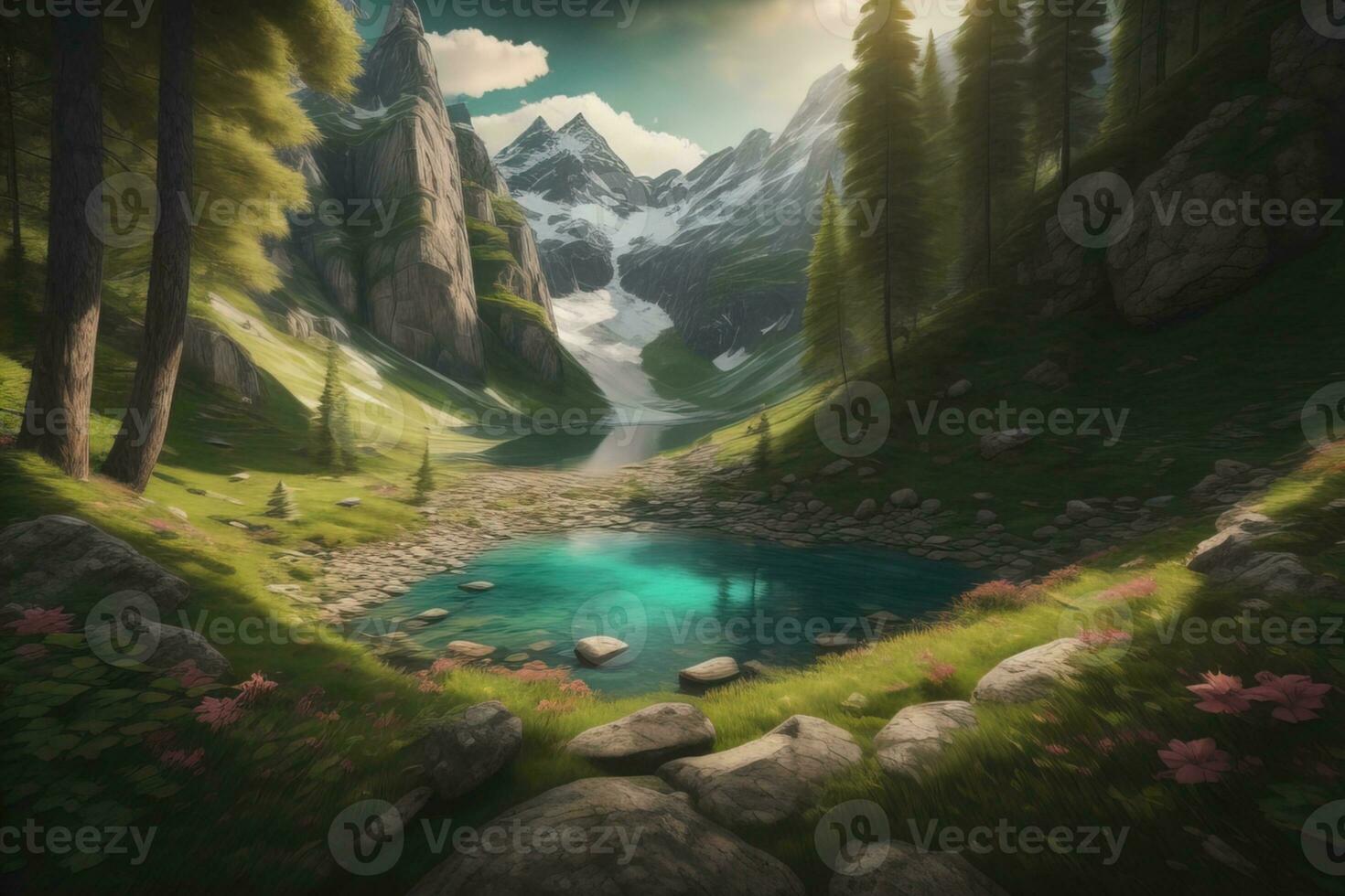 Beautiful fantasy landscape with a river in the mountains. ai generative photo
