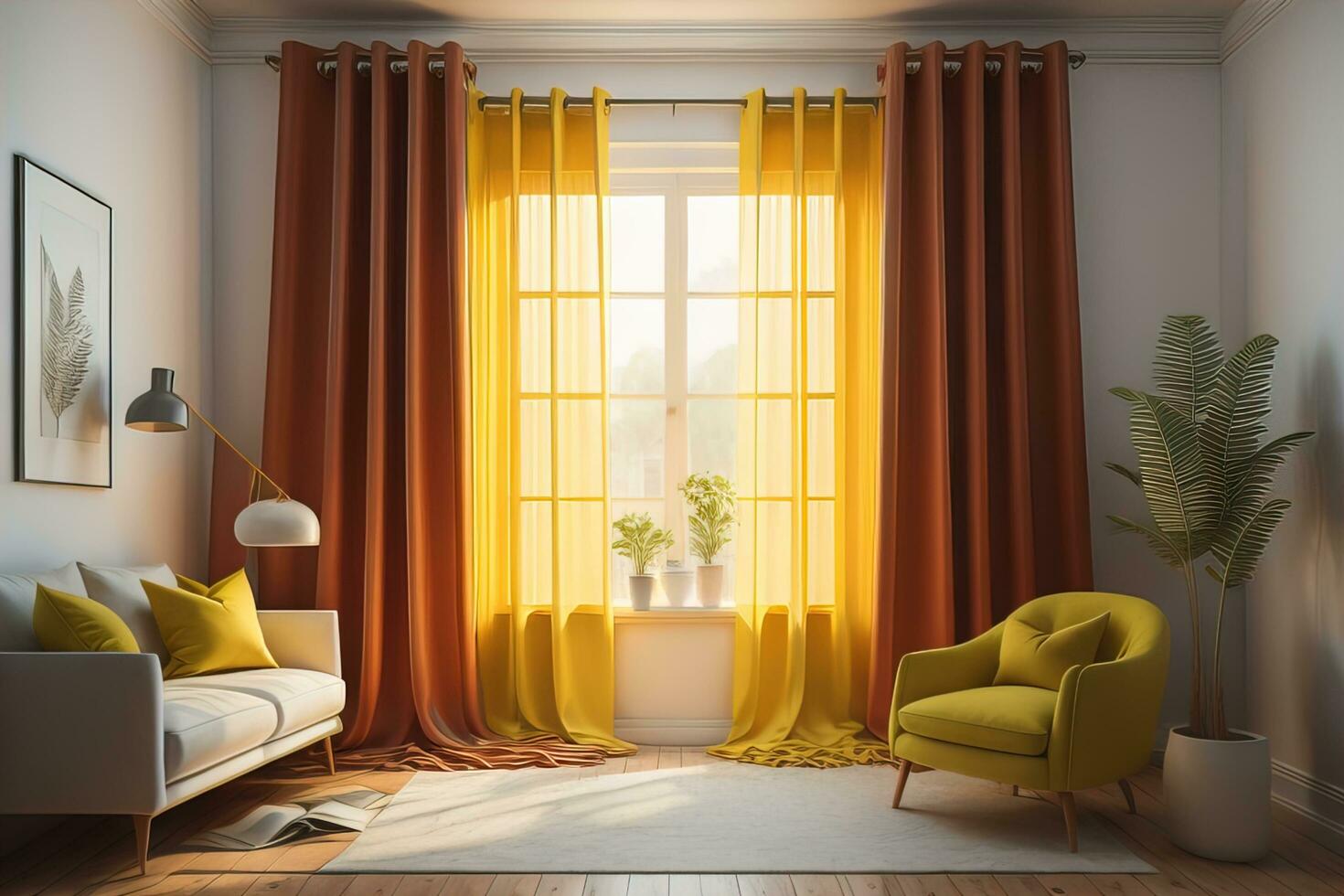 Interior of modern living room with window and colorful curtains. ai generative photo