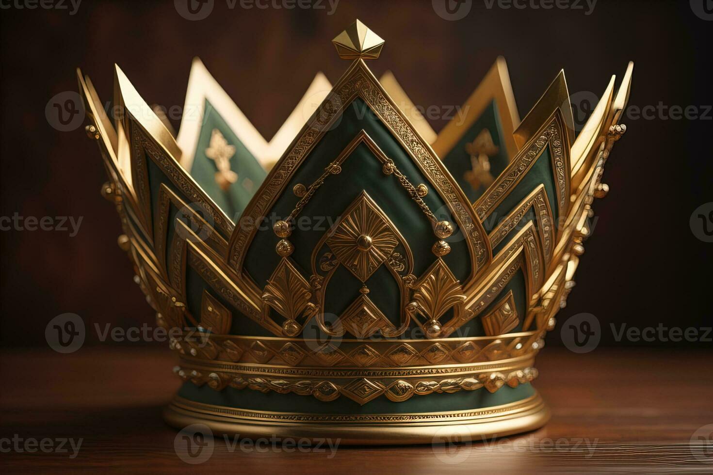 low key image of beautiful golden queen, king crown. ai generative photo