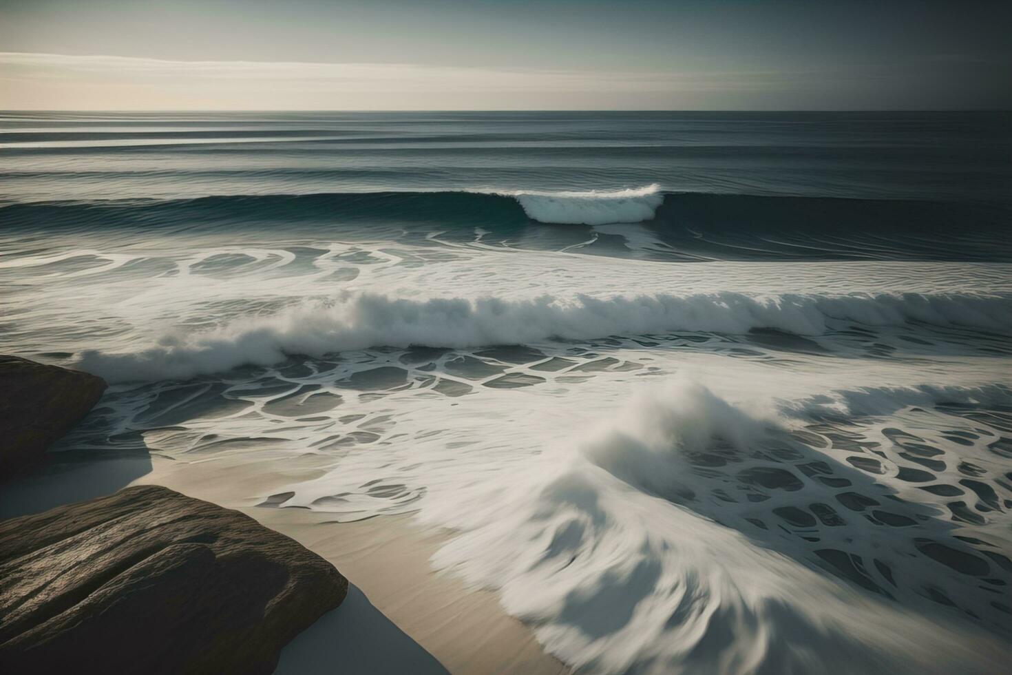 Beautiful seascape with stormy sky. Long exposure shot. ai generative photo