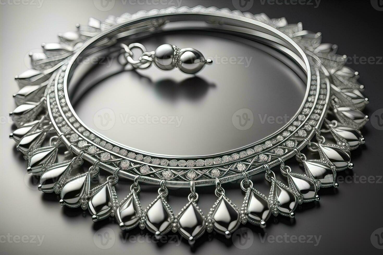 Silver necklace on a solid color background in close-up. ai generative photo