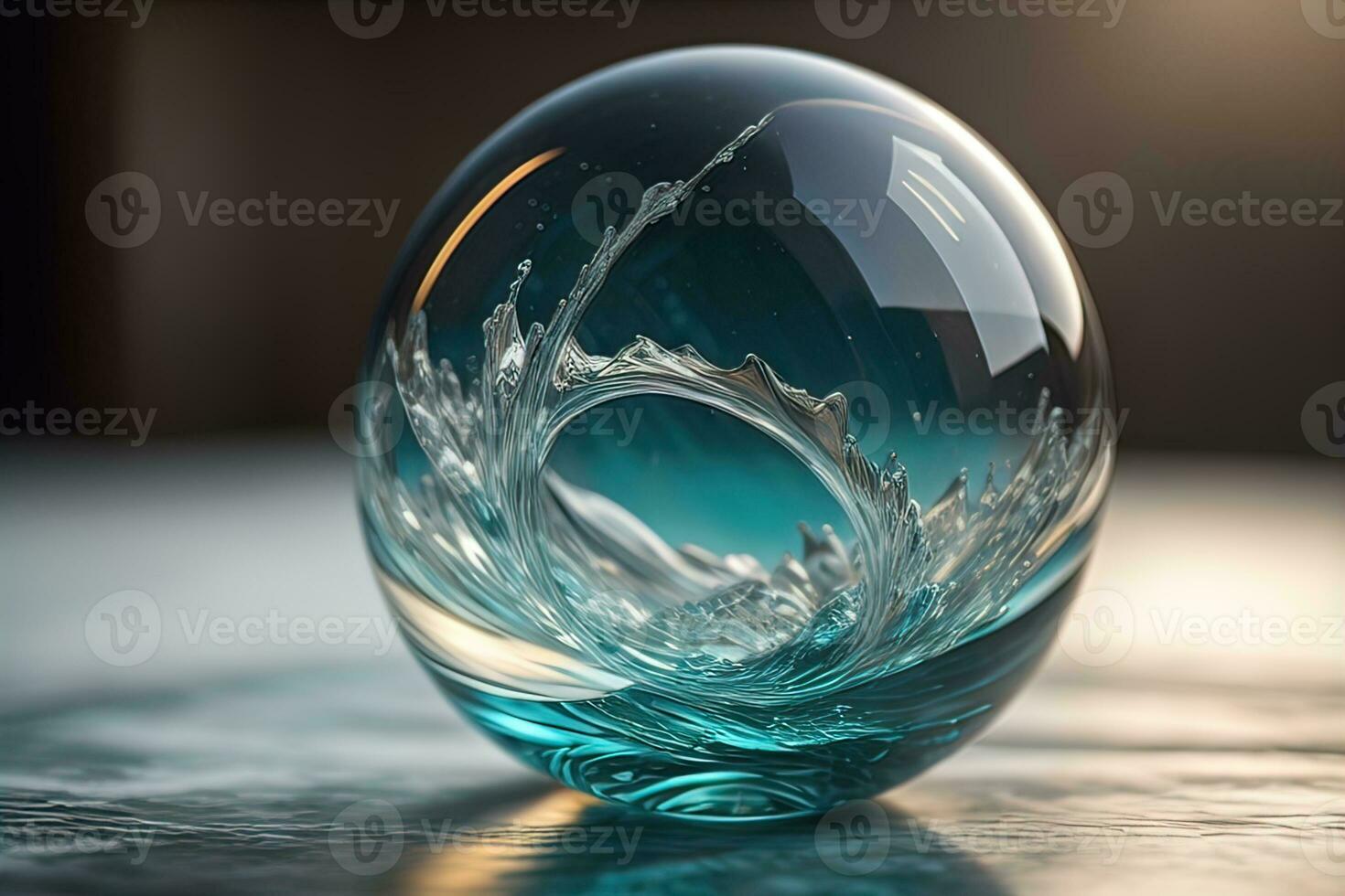 Transparent crystal ball on a wooden table. ai generative photo