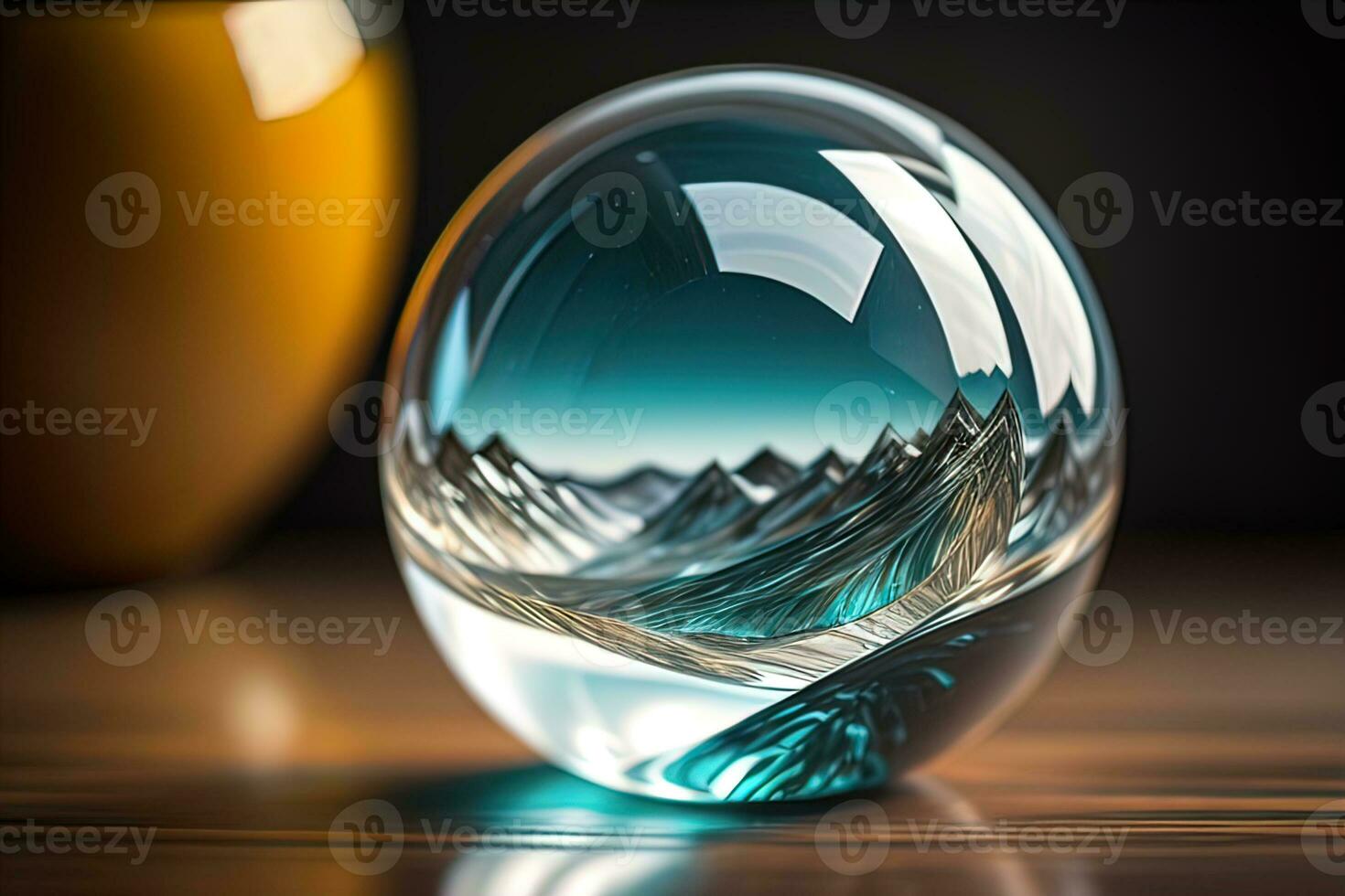 Transparent crystal ball on a wooden table. ai generative photo