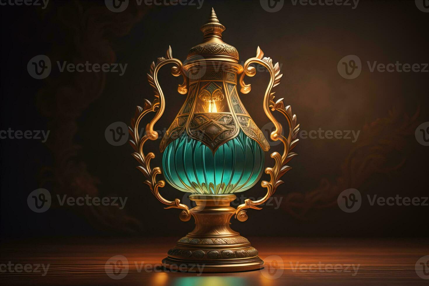 Lantern on a wooden table and a dark background. ai generative photo