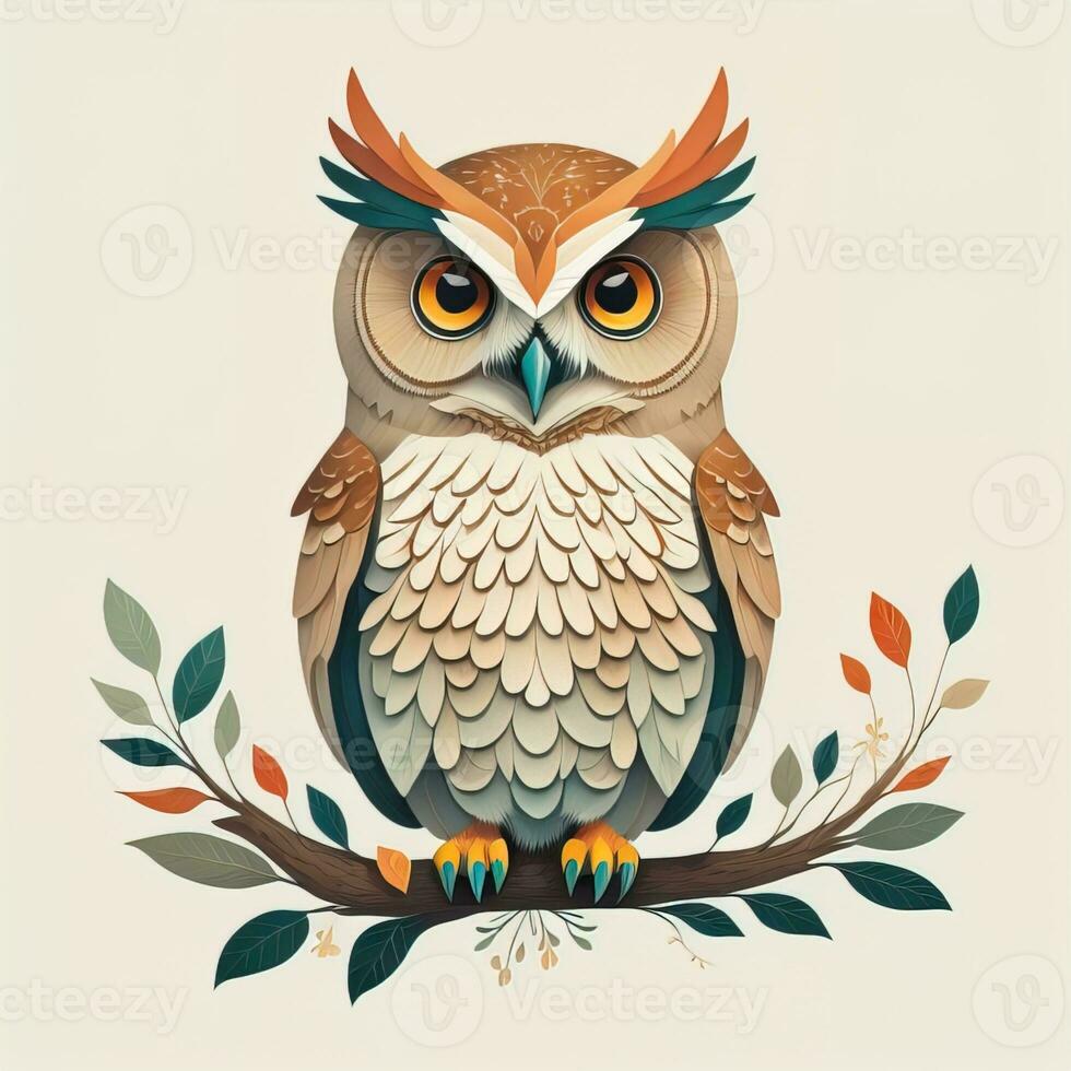 Owl sitting on a branch with leaves. Vector illustration in retro style. ai generative photo