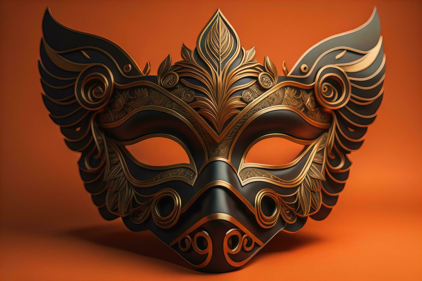 Venetian carnival mask with golden ornament on a solid color background. ai generative photo