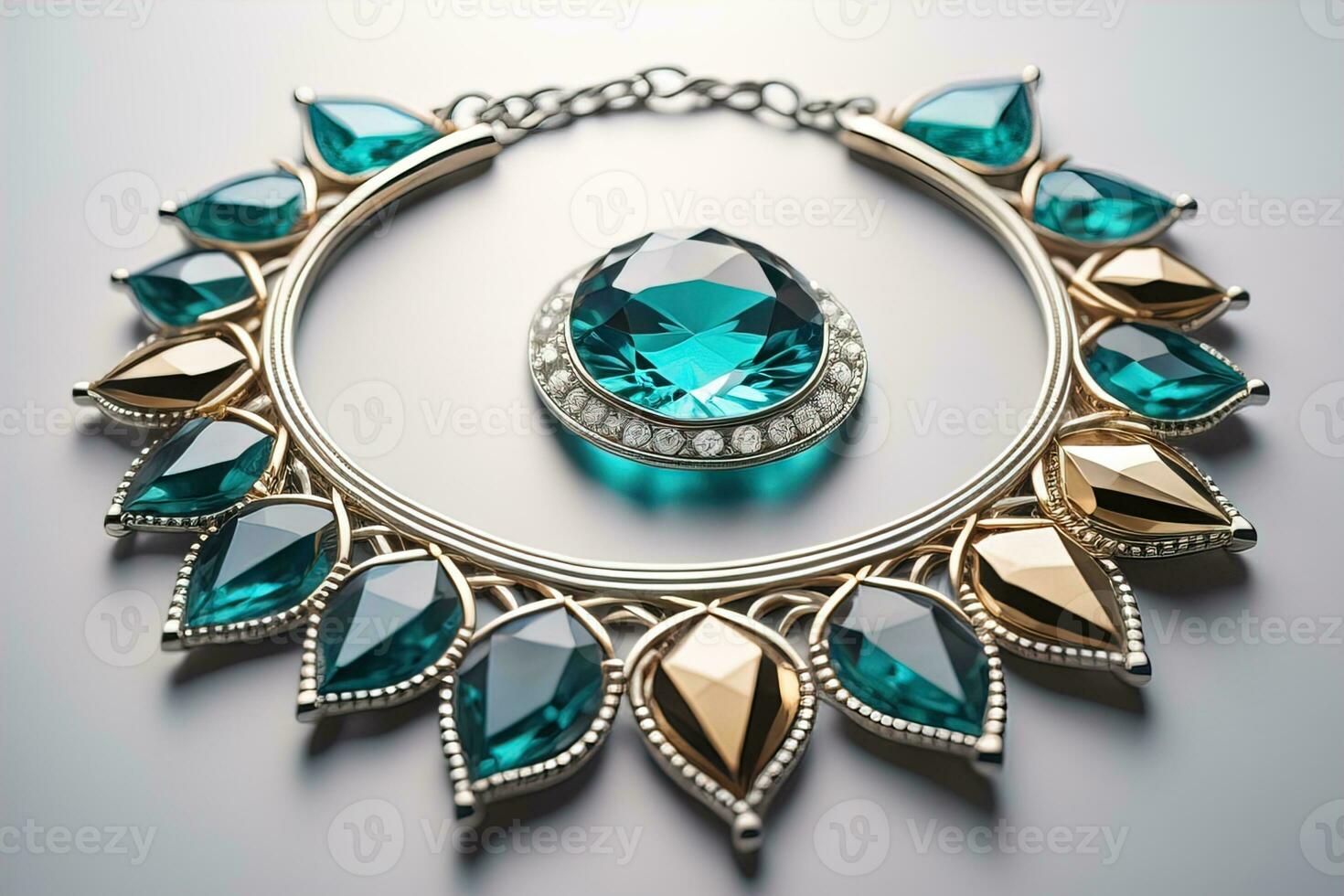 Silver necklace on a solid color background in close-up. ai generative photo