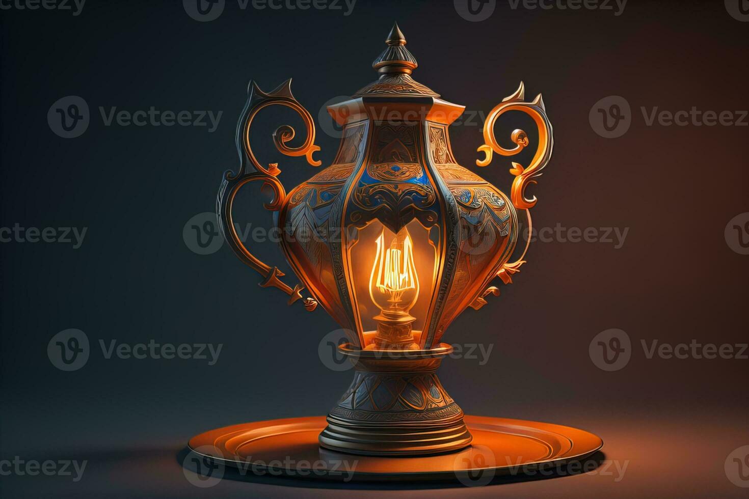 Lantern on a wooden table and a dark background. ai generative photo