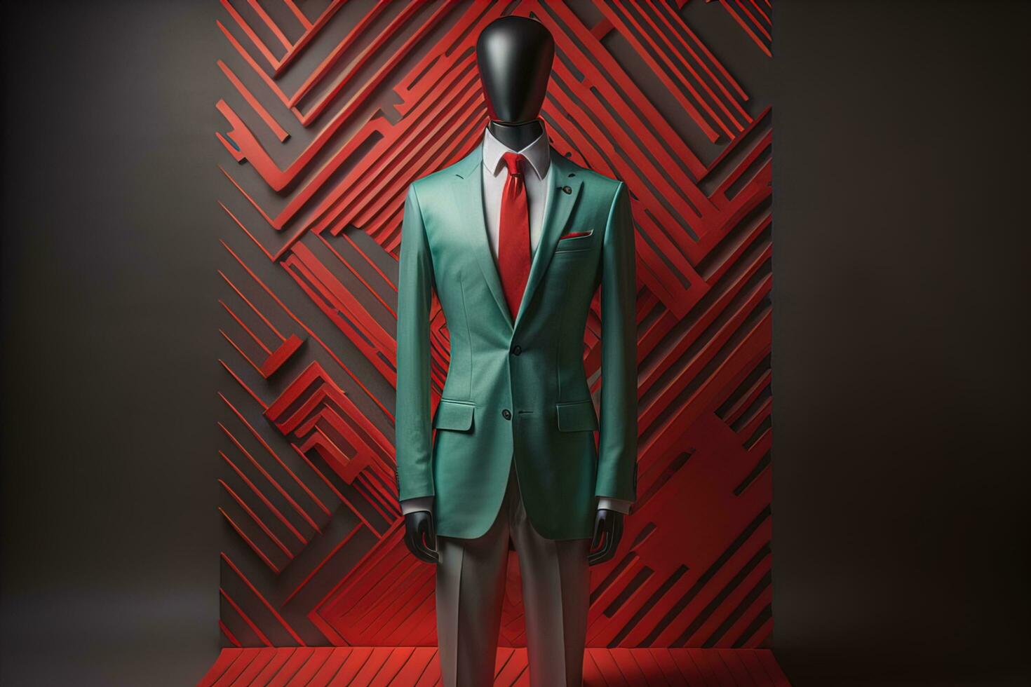 Stylish suits on mannequins on solid color background, closeup. ai generative photo