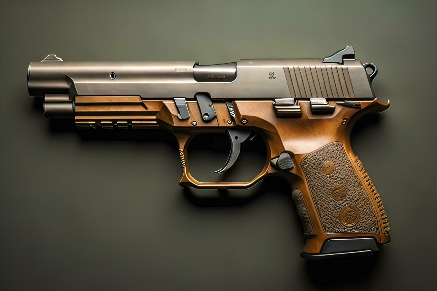 Semi-automatic handgun on a solid color background. Close-up. ai generative photo