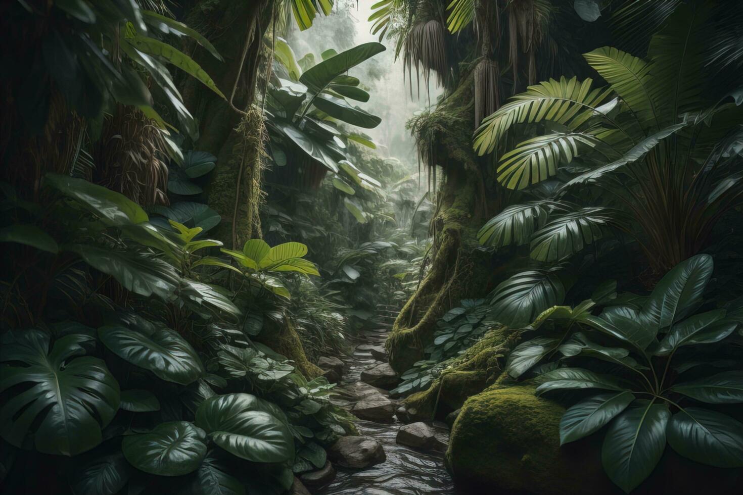 A pathway in tropical rainforest with palm trees and path in the mist. ai generative photo