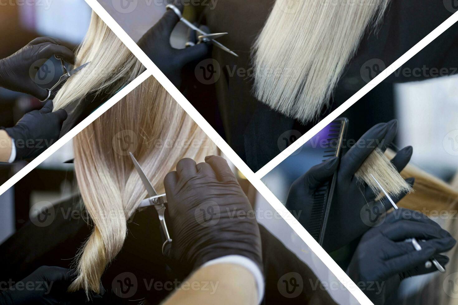 Collage. A hairdresser in rubber gloves holds a pair of scissors and a comb. A hairdresser with security measures for Covid-19. photo