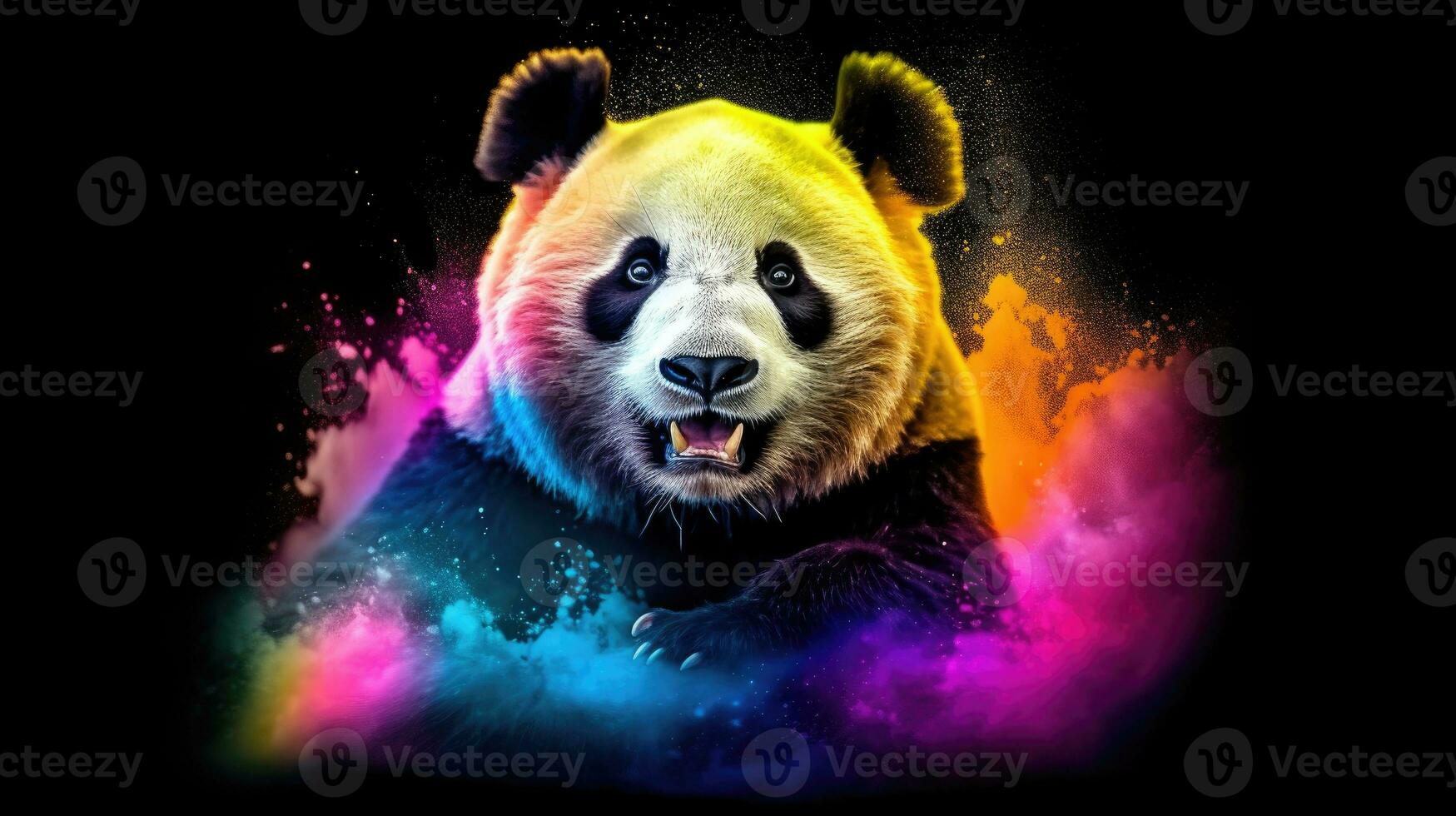 retrato de un panda en un negro antecedentes con vistoso salpicaduras generativo ai foto