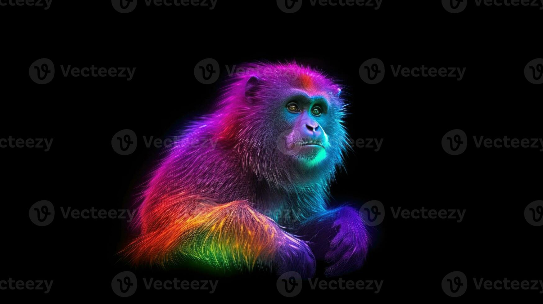 Monkey coloring rainbow on a black background. Generative AI photo