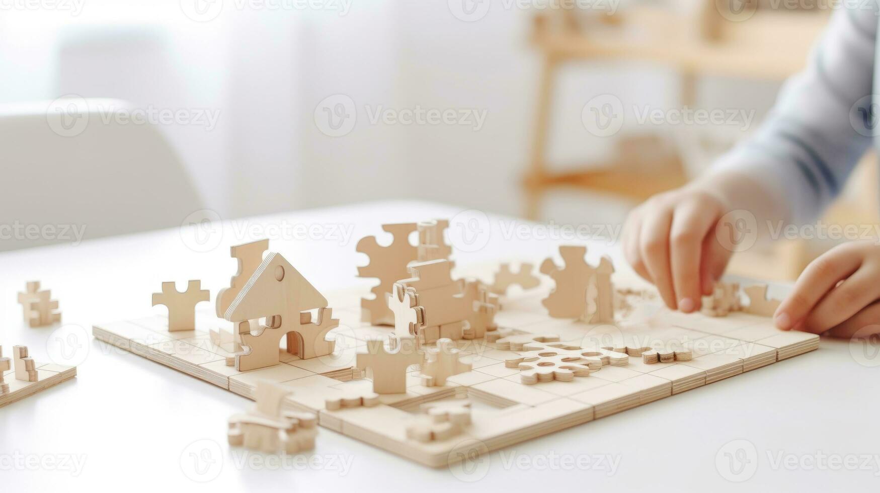 Child puts a wooden puzzle photo