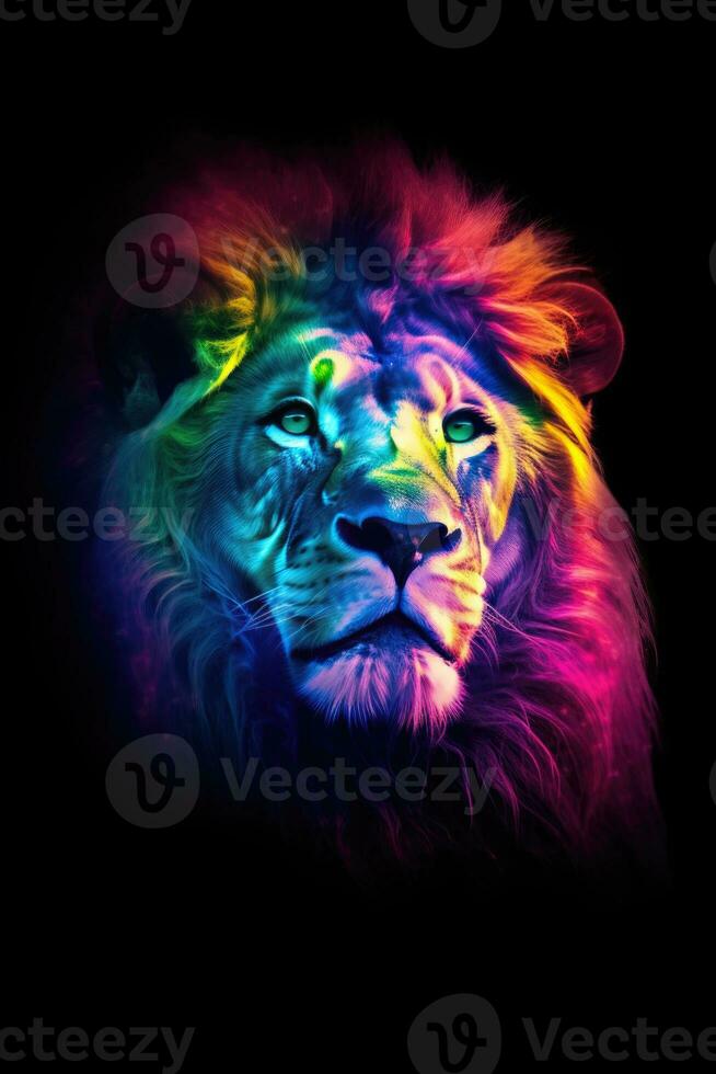 Lion coloring rainbow on a black background. Generative AI photo