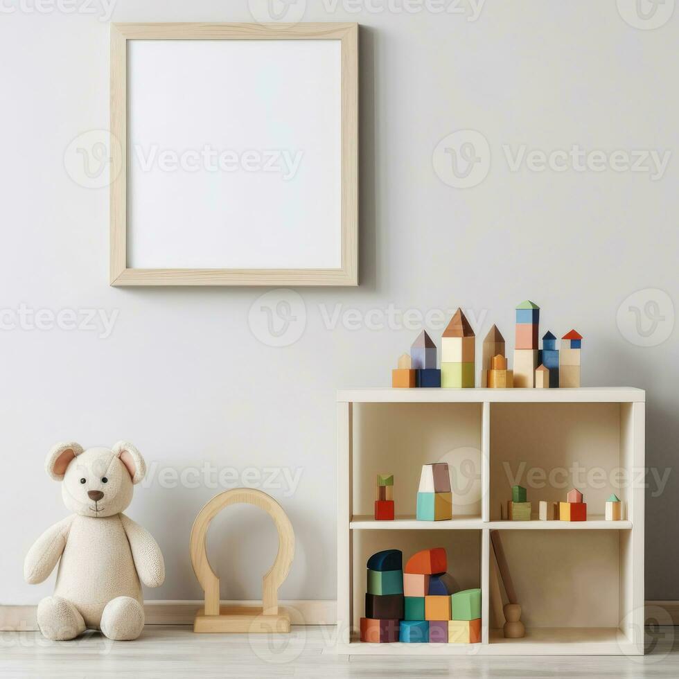 Children's room with wooden toys and an empty picture. photo