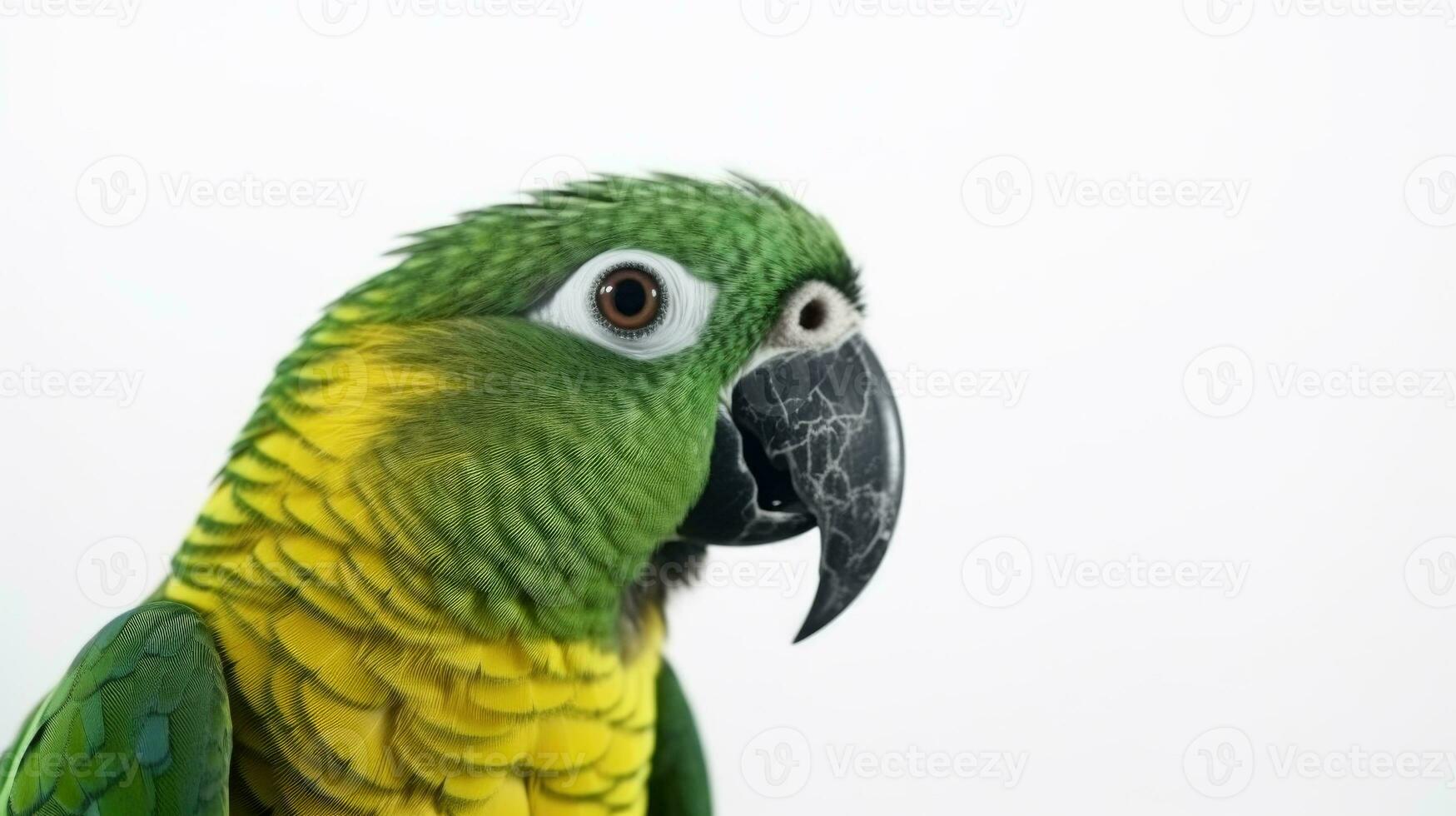 Green parrot portrait on white background. Generative AI photo